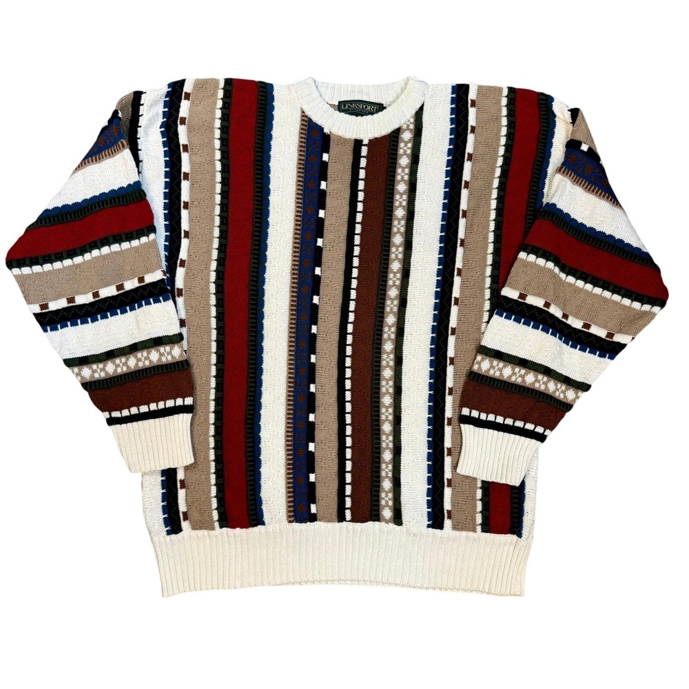 Vintage 90s Linksport Coogi Style Cotton Vertical Stripe Grandpacore Dad Sweater